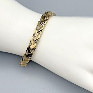 Vintage Panetta Bracelet 6.75" Brushed Goldtone Chevron Pattern Clear Rhinestone